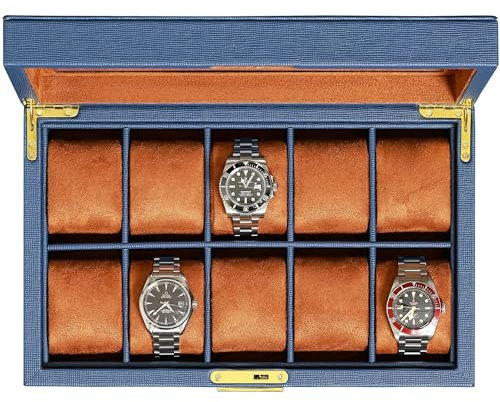 ROTHWELL 10 Slot Leather Watch Box - Luxury Watch Case Display Organizer, Ultra Soft Microsuede Liner, Locking Jewelry Watches Holder With Large Glass Top (Blue/Tan)