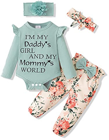 SUNNY PIGGY Newborn Girl Clothes 0-3 Months Baby Girl Clothes Infant Fall Winter Outfits Cute Green Floral Pants Set 4Pcs Baby Girls Clothing Set with Headband