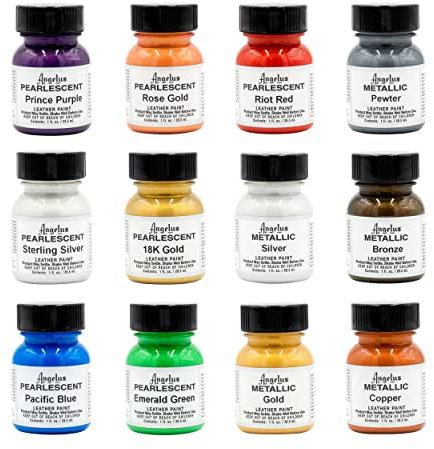 Angelus Leather Acrylic Paint Kit de 12 kits de peinture acrylique pour personnaliser les baskets, chaussures, chapeaux, vestes, sacs – Métallique et nacré