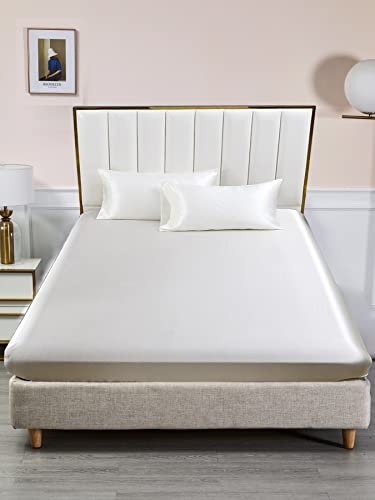 Spannbettlaken 160x200 Beige Creme Boxspringbett Satin Bettlaken Glänzend Seide Spannbetttuch Uni Muster Hochwertiges Spannleintuch für Hohe Matratze bis 25-30 cm