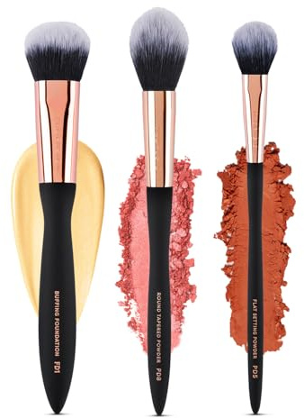 Profusion Cosmetics Artistry Face Essentials 3 Piece Wave Handle Face Brush Set for Flawless and Elegant Look, Enhance Your Beauty with Essential Luxurious Vegan Makeup Brushes