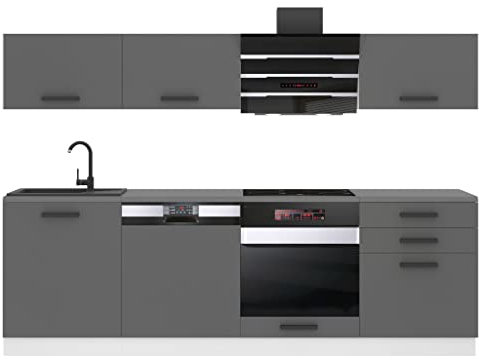 Belini Küchenzeile Küchenblock Linda - Küchenmöbel 240 cm Einbauküche Vollausstattung ohne Elektrogeräten mit Hängeschränke und Unterschränke, ohne Arbeitsplatten, Silber matt