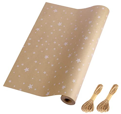 HBell Birthday Wrapping Paper Roll,43cm x 15m Star Gift Wrapping Paper,Brown Kraft paper Roll,Perfect for Gift Wrap,Birthday,Holiday,Baby Shower (Star)