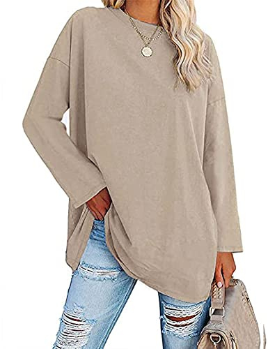 Famulily Women's Casual Plain T Shirts Ladies Round Neck Long Sleeve Tops Comfy Cotton Loose Tunic Blouse Tops Beige S