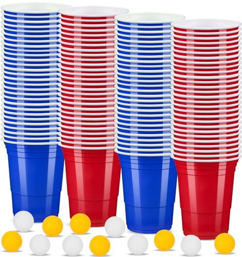 ZLPBAO Bierpong Becher Set, 100 Plastikbecher Set Mehrweg Becher mit 12 pcs Bierpong Partybecher 16 oz/473 ml Partybecher Kunststoff Red Blue Cups Wiederverwendbar Plastikbecher Getränkebecher