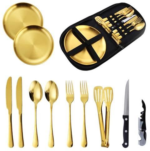 Emsmil Ensemble de couverts de camping portable 12 pièces Ensemble de vaisselle portable en acier inoxydable Vaisselle Sac Clip Cuillère Fourchette Couteau Assiette pour extérieur pique-nique voyage