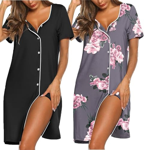 Ekouaer 2 Pack Nightdress for Women Button Down S-XXL | v neck, short sleeves, trim detail, knee-length, sexy casual, light and comfortable