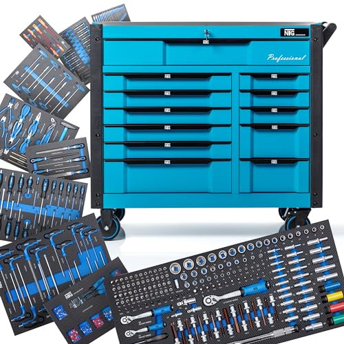 NTG Werkzeugwagen XXL bestückt mit Werkzeug | 457 Teilig | +12 Schubladen Abschließbar | Davon 10 mit Werkzeug | Mit Soft Inlays in Carbonoptik | Werkstattwagen Werkzeugkasten Werkzeugkiste gefüllt