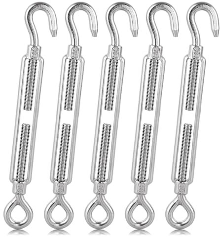 FWEEK 5PCS Turnbuckle Wire Tensioner M10 Heavy Duty 304 Hook & Eye Rope Cable Tension Set Adjustable Garden Wire Tensioner Kit for Clothesline Railing Decking Plants Fence - Silver