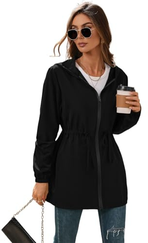SotRong Womens Summer Spring Lightweight Thin Waterproof Jacket Packaway Packable Rain Jacket with Hood Drawstring waist Urban Outerwear All-season Zip-up Windbreaker Black M