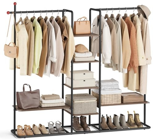 SONGMICS HOME Garderobenständer, offener Kleiderschrank, Kleiderständer, 6 Ablagen, 2 Kleiderstangen, Haken in Streichholz-Form, für Schlafzimmer, naturwalnussfarben-tintenschwarz RGR012B01