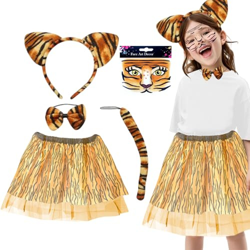 Tigerkostym barn flickor, tigerkostymset småbarn tutu-kjol med tigeröron pannband svans ansikte klistermärke fluga fina utklädningskläder flickor för World Book Day halloween jul cosplay