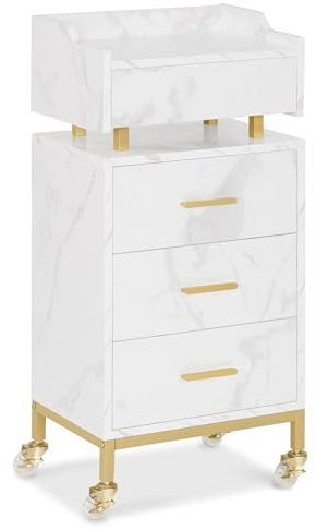 M MCombo Servierwagen mit Rollen & 4 Schubladen, Rollwagen Friseurwagen Weiß, Salon Trolley mit Ablage, Moderner Arbeitswagen für Bad Wohnzimmer, 30x40x86,5 cm, 0062