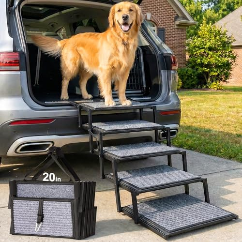 50cm Extra Wide Foldable Dog Ramp for Car, 5 Steps Dog Stairs Step for Car | Pet Stairs with Non-Slip Surface for Large Small Dogs, Portable Dog Steps for High Beds Sofa SUV Trucks & Outdoor Up to 90KG