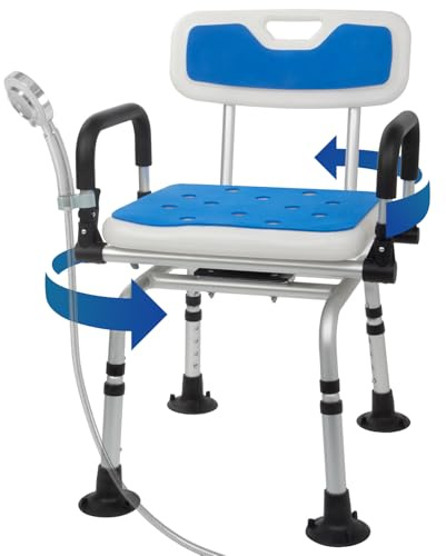 Sedia da doccia girevole per doccia interna con braccioli girevoli, 160 kg, sedia girevole per vasca da bagno per anziani, anziani e disabili, altezza regolabile con schienale e piedini a ventosa