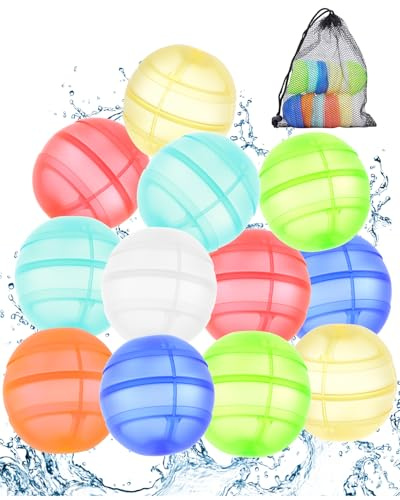 12Pcs Reusable Water Balloons, Self Closing No Magnetic Spray Balls, Fast Fillable Water Bombs, Silicone Water Balls for Summer Pool Beach Outdoor Toys, Safe Fun Water Battle Game for Kids Adults