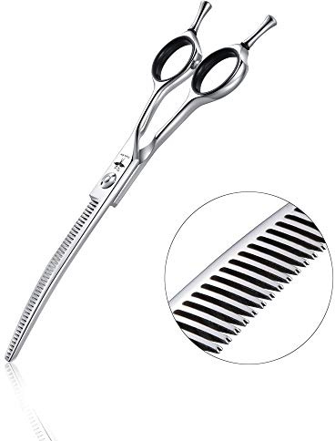 PURPLEBIRD 6.5 Inch Curved Dog Grooming Scissors Professional Dog Thinning Scissors with 45 Teeth Japanese Stainless Steel Dog Thinner Scissors Pet Safety Shearing for Dogs Cats Face Paws