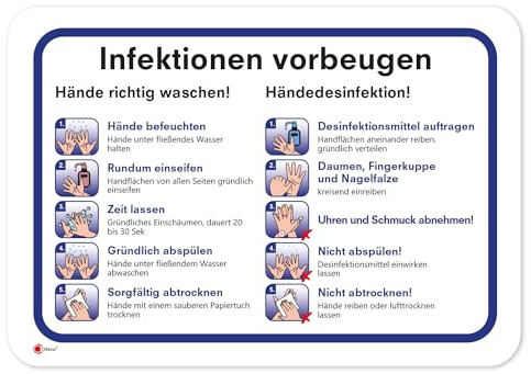 Anleitung zur Vorbeugung von Infektionen I 30 x 20 cm I Hinweis-Aufkleber Gründlich Hände waschen und desinfizieren I Handdesinfektion I Hygienemaßnahmen Aushang I selbstklebend I hin624
