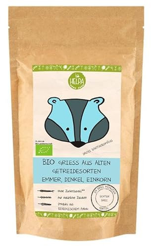 HELPA BIO Grießbrei Dinkelgrieß 200 g – Dinkelbrei Haferbrei - Drei Weizensorten Emmer – Dinkel – Einkorn – Ökologische Mahlzeit für Kinder – Babynahrung - Babybrei