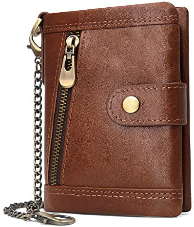 HNOOM Geldbörse Herren RFID Schutz Echtem Leder Geldbörse mit Kette Herren Geldbeutel mit Münzfach Reißverschluss Portemonnaie 17 Kartenfächern Männer Portmonee Brieftasche mit Geschenkbox (Kaffee)