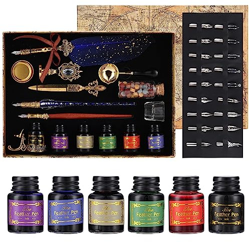RoseFlower Stylo Dip à Plume Set, Stylo à Encre Rétro, Rétro Plume d'Oie Stylo de Calligraphi, Ensemble de Stylo Plume Antique pour Ecriture et Cadeau