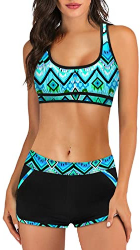 Kielsjajd Bikini Damen Sport Push Up Oberteil Polster Badeanzug Zweiteiler Frauen Shorts Bikini Set Pads Strand Schwimmen Bademode 2 Teilig Damen Tankini Set zweiteilig Bauchweg mit Hot Pants