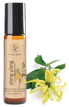 AROMA BANO Ylang Ylang Eterisk Olja Roll-On 10ml med Jojobaolja – 100% Naturlig & Ren – Färdig att Använda för Aromaterapi – Blommig Doft – För Kropp & Ansikte