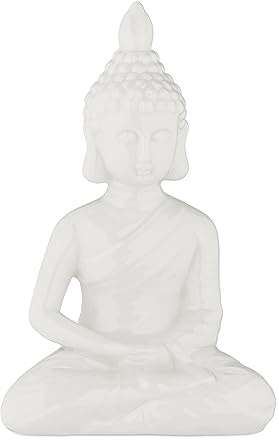 Relaxdays Figura de Buda Sentado, 18 cm Alto, Decoración de Jardín, Resistente a la Intemperie, Escultura Salón, Blanco, Cerámica