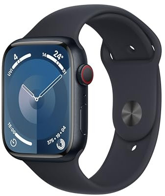 Apple Watch Series 9 (45 mm GPS + Cellular) Smartwatch avec boîtier Aluminium et Bracelet Sport Minuit (S/M). Suivi de l’activité Physique, apps Oxygène sanguin et ECG, écran Retina Toujours activé