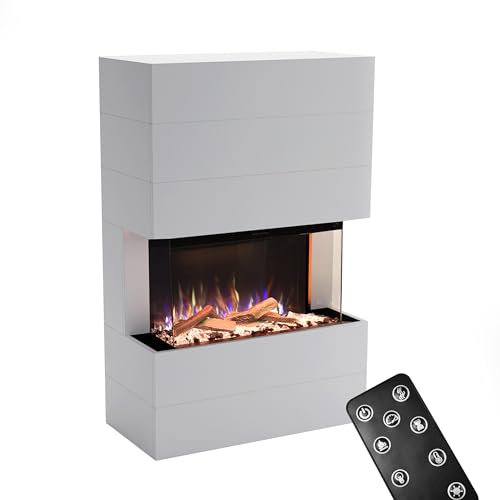 GLOW FIRE Kaminofen Portia mit realistischem 3D E-Motion LED-Feuer - Stand-Elektrokamin mit Heizung und Kaminfeuer, Knistereffekt & Timer, max. 1500 W, 140x100x45, Weiß