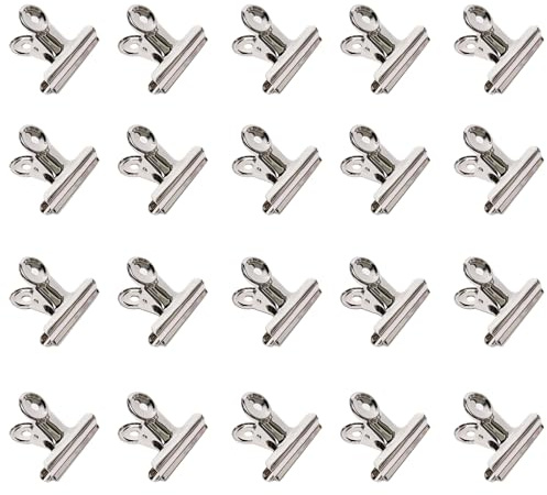 Qualsen Små bulldogsklämmor 22 mm silver rostfritt stål pärmklämmor med starka fjädermetallklämmor brevpapper lämpliga för etiketter bilder dokument foton (20-pack)