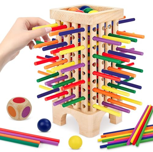 JWDMHSJ Montessori Spiel Brettspiel aus Holz, 42 Stück Bunte Holzstäbchen Würfelspiel, Würfelspiel für die Familie, Mathe & Feinmotorik Spielzeug, Kinderspiele Reisespiel ab 3 4 5 6 Jahren