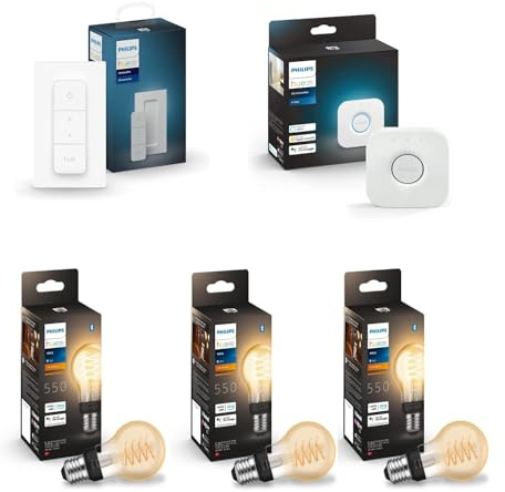 Philips Hue Starterpaket E27 mit 3 Filament-Standardlampen A60, Warmweißes Licht, Hue Bridge und Dimmschalter - White Filament Smarte Lichtsteuerung über Sprache und App