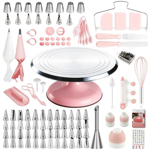 Cake Decorating Kit, 138pcs Cake Decorating Supply with 12 Inch Aluminium Cake Turntable, 64 Numbered Icing Piping Tips, 2 Spatulas, 3 Icing Comb Scraper and Leveller, Piping Bags,cake decorating tool