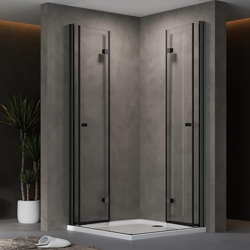 AQUENITH Duschkabine Eckeinstieg Schwarz 90x90cm Doppel Duschtür Falttür Duschwand Duschabtrennung Faltbar Eckdusche mit 6mm ESG Sicherheitsglas,Höhe 185cm