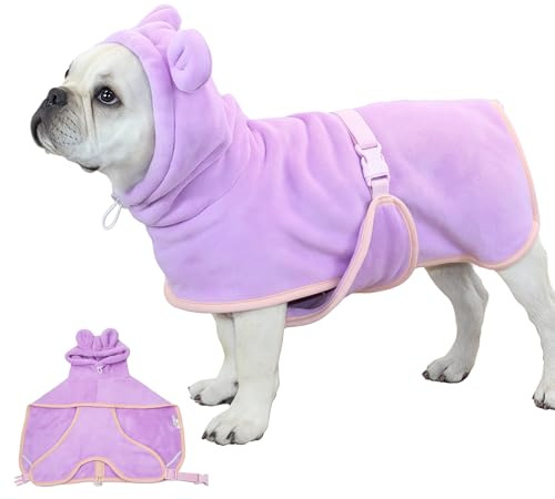 PRITOK Dog Drying Coat: Super Absorbent Quick Drying Coral Fleece Towel Robe with Adjustable Collar, Adorable Hooded Pet Bathrobe for Dogs Cats, After Bath Swim Pool Beach Use (Violet, M)