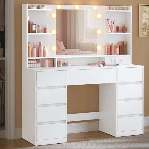VASAGLE KAILYN Collezione - Toeletta con Specchio LED, Multipresa, 9 Cassetti, 9 Lampadine Dimmerabili, Illuminazione a 3 Colori, Montaggio Binari Senza Attrezzi, Bianco Nuvola RDT141WB02