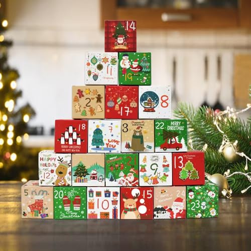 24 scatole per calendario dell'Avvento fai da te, scatole regalo per il conto alla rovescia dell'avvento per 24 giorni, scatole di cartone per bambini e familiari, decorazioni natalizie per le vacanze