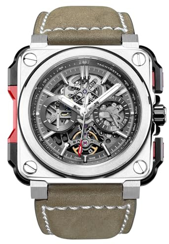 FEICE FM507 Montre-bracelet carrée pour homme, mécanique, automatique, verre saphir, cadran squelette, bracelet en cuir marron, étanche jusqu'à 10 ATM