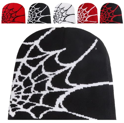 HUANYO Spider Web Knitted Beanie Hat, Unisex Slouchy Skull Cap, Hip Hop Style for Daily Wear, Running, Cycling for Men and Women (UK, Alpha, S, XL, Black + White)