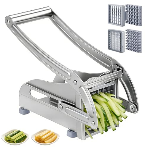 CEWROM Cortador de patatas fritas de acero inoxidable para patatas fritas, patatas fritas, con 2 tamaños de cuchillas y soporte de goma antideslizante, cortador de patatas enteras, zanahorias, pepinos