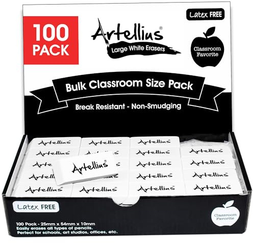 Artellius Erasers - 100-Pack, White, Latex-Free Rubber Blocks - Bulk White Erasers for School, Classroom & Kids - Smudge-Free Erasing for Drawing, Art, Office, Teacher & School Supplies