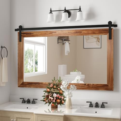 COGOOD Farmhouse Barn Door Mirror - 41 x 26 Rustic Wood Framed Wall Mirror for Bathroom, Living Room, Bedroom Wall Decor (Brown)
