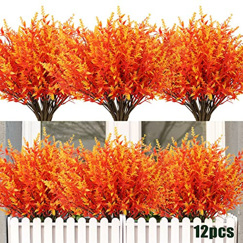 RECUTMS 12 Bundles Outdoor Artificial Flowers UV Resistant Fake Boxwood Plants, Faux Greenery for Indoor Outside Hanging Plants Garden Porch Window Box Home Wedding Farmhouse Décor 12Pcs（Gold）