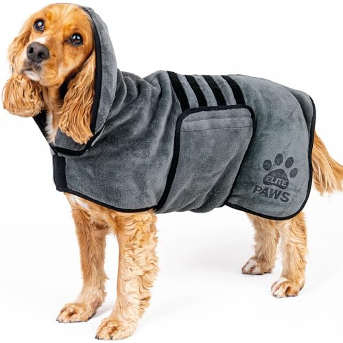 Elite Paws® UK: Luxury Dog Drying Coat, Thicker & Softer Than Most Bath Robes, Dries Pets in About 20-30 Mins, Super Absorbent Microfibre, Limits Mess, Covers Ears, All-Season Dressing Gown Towel, M