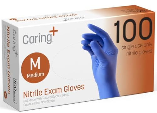 Caring Nitrile Exam Gloves (100ct), Powder Free and Not Made with Natural Rubber Latex, Gloves for Medical Use, Cleaning, Food Prep and More, Medium