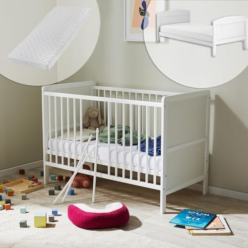 Kids Collective Lit convertible en lit pour enfants 60 x 120 cm avec matelas, sommier à lattes et protection anti-chute en bois massif 120 x 60 | blanc, très stable Fabriqué en Europe