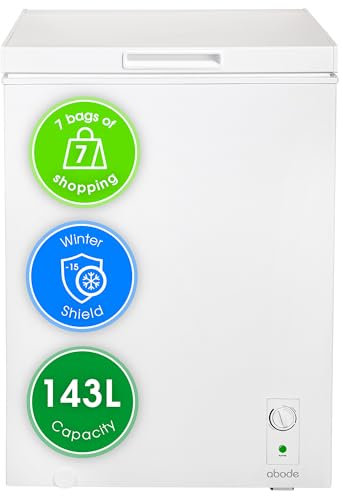 Abode Freestanding White Chest Freezer 142L with Removable Wire Basket & Counter Balance Lid, Adjustable Thermostat, Suitable for Garages & Outbuildings A142CF0E1W (White, 143 Litre)