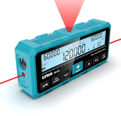 KIPRIM Metro Laser 120m, Telémetro Láser con Doble Haz Bidireccional, Línea Láser Vertical y Nivel Electrónico, Medición en Metros/Pies/Pulgadas, USB-C - DR120