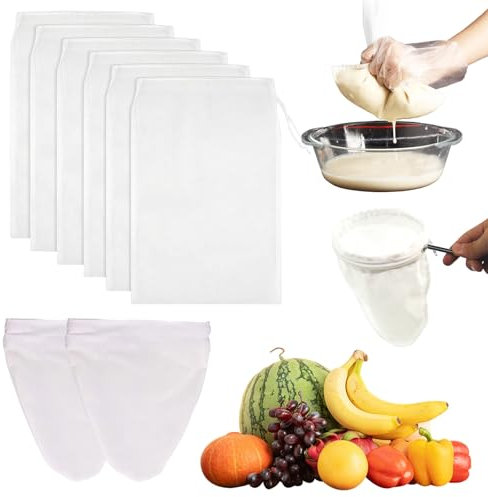 6 Stück 30x20cm Passiertuch Wiederverwendbar mit Kordelzug und 2 PCS 27x20,5cm Baumwolle Siebbeutel mit Reißverschluss, Nussmilchbeutel Bio Waschbar, Abseihtuch für Käse Fruchtsaft Kaffee Gemüsesaft